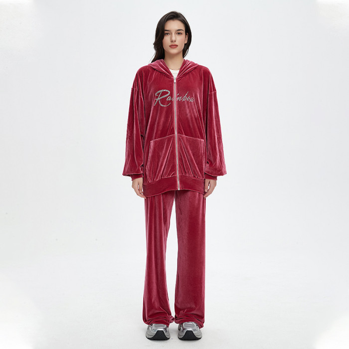 Custom Vintage Rhinestone Hoodies & Sweatpants | Letter & Wings Print | Velvet Fabric | OEM & ODM