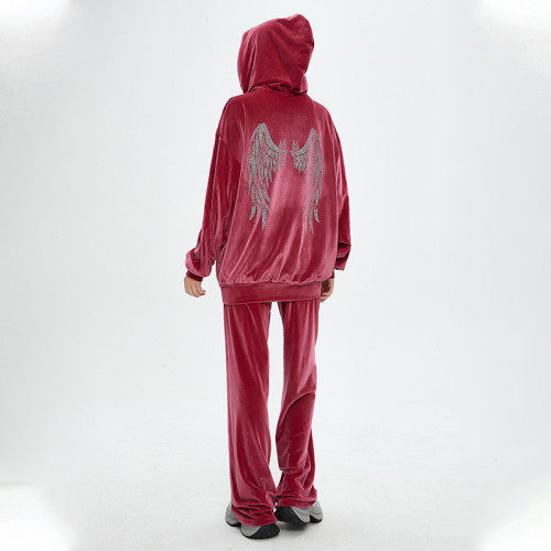 Custom Vintage Rhinestone Hoodies & Sweatpants | Letter & Wings Print  | Velvet Fabric | OEM & ODM