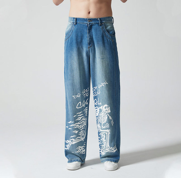 Custom Vintage Wash Straight Leg Jeans | Skeleton Printed | 100% Cotton Denim Fabrics | OEM Service