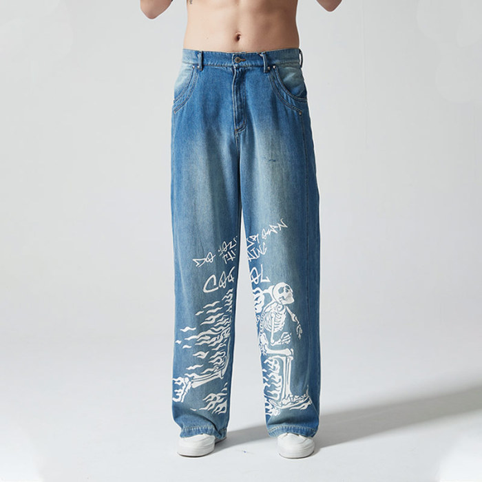 Custom Vintage Wash Straight Leg Jeans | Skeleton Printed | 100% Cotton Denim Fabrics | OEM Service