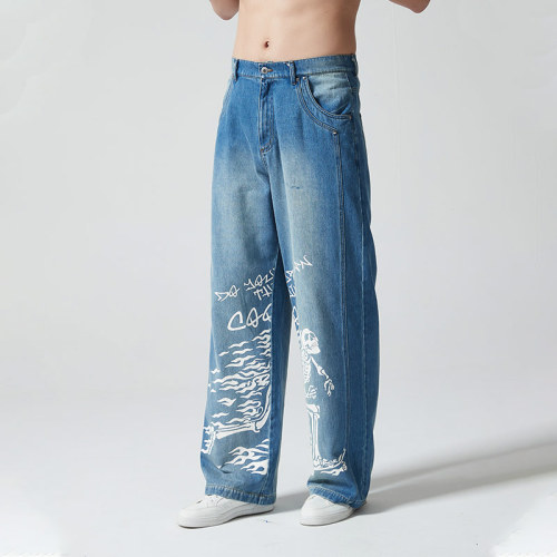 Custom Vintage Wash Straight Leg Jeans | Skeleton Printed | 100% Cotton Denim Fabrics | OEM Service