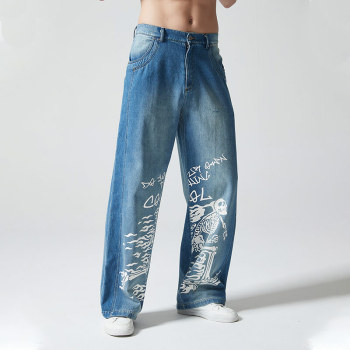 Custom Vintage Wash Straight Leg Jeans | Skeleton Printed | 100% Cotton Denim Fabrics | OEM Service