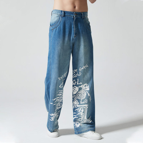 Custom Vintage Wash Straight Leg Jeans | Skeleton Printed | 100% Cotton Denim Fabrics | OEM Service