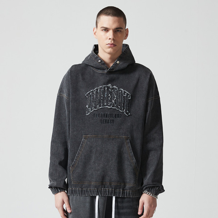 Custom Oversized Fit Vintage Denim Hoodie | Letter Printing | Blend Stretch Denim Fabric | OEM & ODM