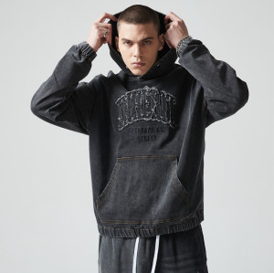 Custom Oversized Fit Vintage Denim Hoodie | Letter Printing | Blend Stretch Denim Fabric | OEM & ODM