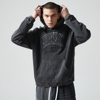 Custom Oversized Fit Vintage Denim Hoodie | Letter Printing | Blend Stretch Denim Fabric | OEM & ODM