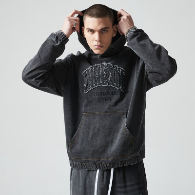 Custom Oversized Fit Vintage Denim Hoodie | Letter Printing | Blend Stretch Denim Fabric | OEM & ODM