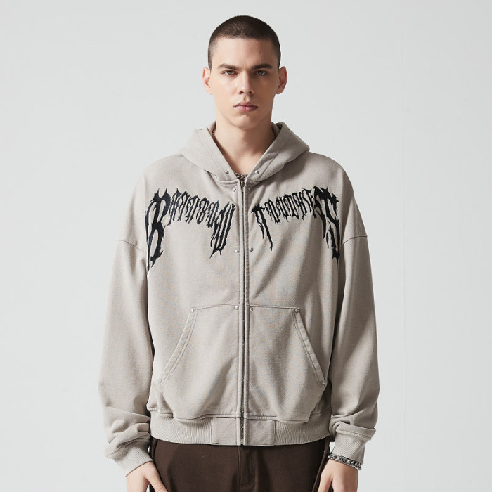 Custom Vintage Oversized Full Zip Hoodie | Gothic Letter Print | 380G Blended Fabrics | OEM/ODM