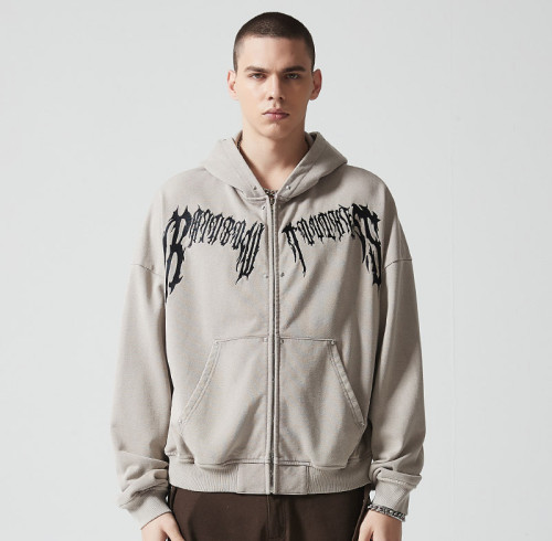 Custom Vintage Oversized Full Zip Hoodie | Gothic Letter Print | 380G Blended Fabrics | OEM/ODM