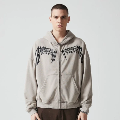 Custom Vintage Oversized Full Zip Hoodie | Gothic Letter Print | 380G Blended Fabrics | OEM/ODM