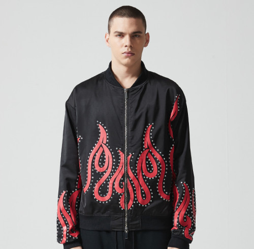 Custom Vintage Oversized Baseball Jacket | Flame Print | 100% Polyester Jacket | OEM/ODM
