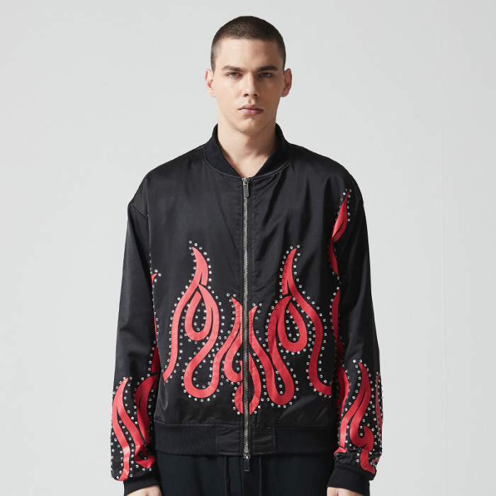 Custom Vintage Oversized Baseball Jacket | Flame Print | 100% Polyester Jacket | OEM/ODM
