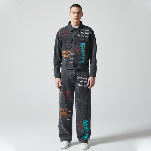 Custom Vintage Washed Denim Jacket & Jeans Set | Letter Print  | Denim (Stripe) Fabric | OEM & ODM