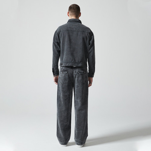 Custom Vintage Washed Denim Jacket & Jeans Set | Letter Print  | Denim (Stripe) Fabric | OEM & ODM