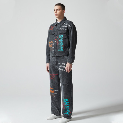 Custom Vintage Washed Denim Jacket & Jeans Set | Letter Print  | Denim (Stripe) Fabric | OEM & ODM
