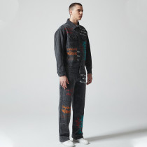 Custom Vintage Washed Denim Jacket & Jeans Set | Letter Print  | Denim (Stripe) Fabric | OEM & ODM