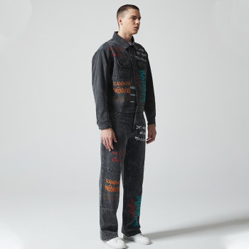 Custom Vintage Washed Denim Jacket & Jeans Set | Letter Print  | Denim (Stripe) Fabric | OEM & ODM