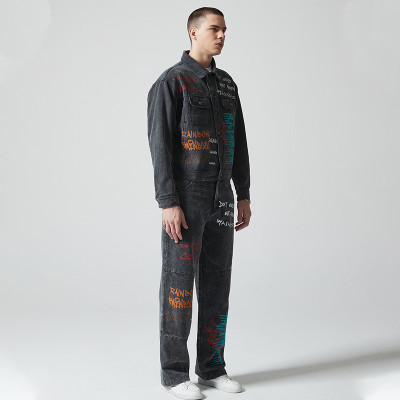 Custom Vintage Washed Denim Jacket & Jeans Set | Letter Print  | Denim (Stripe) Fabric | OEM & ODM