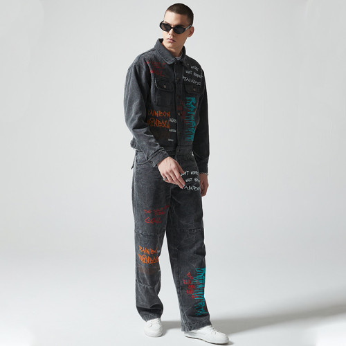 Custom Vintage Washed Denim Jacket & Jeans Set | Letter Print  | Denim (Stripe) Fabric | OEM & ODM