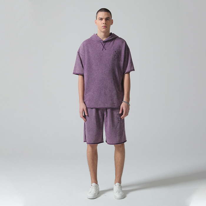 Custom Vintage Washed Hoodies and Shorts Sets | Letter Print | Knitted Blended Fabric | OEM & ODM