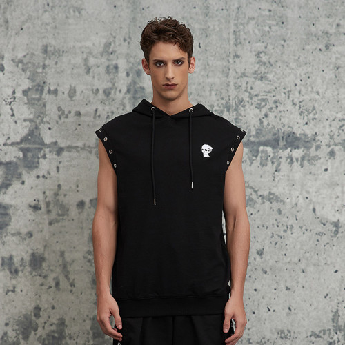 Custom Oversized Embroidery Sleeveless Hoodie | Skull Printed | 250G Cotton Fabrics | OEM/ODM