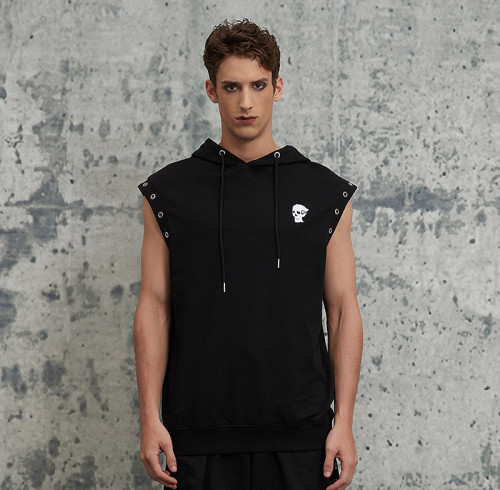 Custom Oversized Embroidery Sleeveless Hoodie | Skull Printed | 250G Cotton Fabrics | OEM/ODM