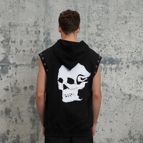 Custom Oversized Embroidery Sleeveless Hoodie | Skull Printed | 250G Cotton Fabrics | OEM/ODM