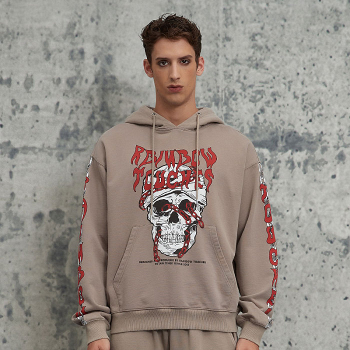 Custom Retro Street Skull Print Long Sleeve Hoodie | Skull Printed | 380G Cotton Fabrics | OEM/ODM