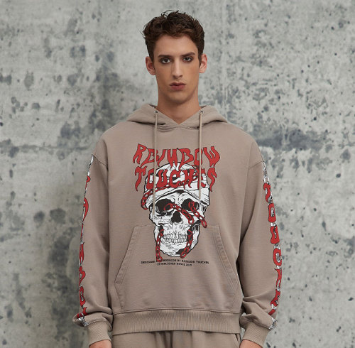 Custom Retro Street Skull Print Long Sleeve Hoodie | Skull Printed | 380G Cotton Fabrics | OEM/ODM