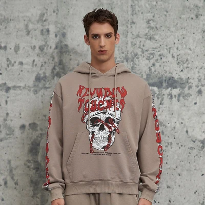 Custom Retro Street Skull Print Long Sleeve Hoodie | Skull Printed | 380G Cotton Fabrics | OEM/ODM