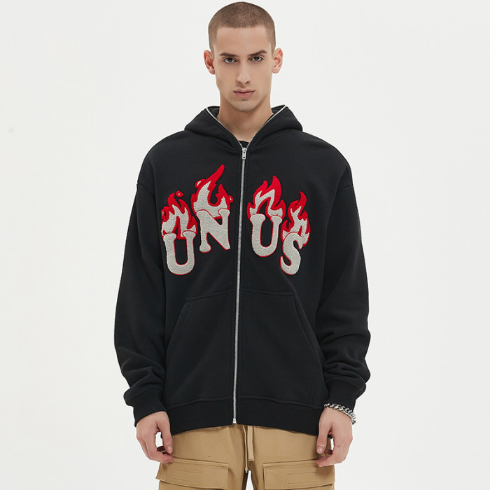 Custom Embroidered Zip Up Hoodies | Flame Towel Embroidery | 360G Blended Fabrics | OEM/ODM