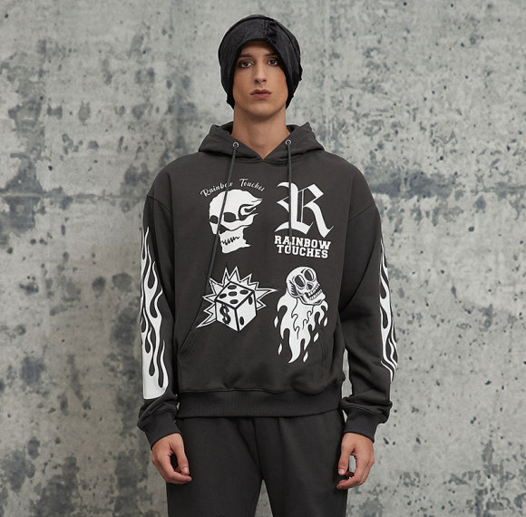 Custom Oversized Fit Punk Style Hoodie | Skeleton & Letter & Flame Pattern | Fleece Blend Fabric