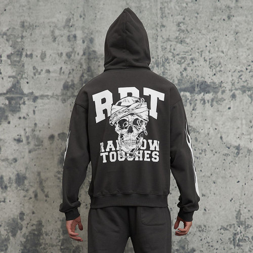 Custom Oversized Fit Punk Style Hoodie | Skeleton & Letter & Flame Pattern | Fleece Blend Fabric
