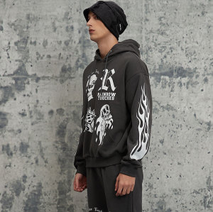 Custom Oversized Fit Punk Style Hoodie | Skeleton & Letter & Flame Pattern | Fleece Blend Fabric