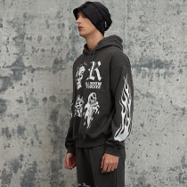 Custom Oversized Fit Punk Style Hoodie | Skeleton & Letter & Flame Pattern | Fleece Blend Fabric