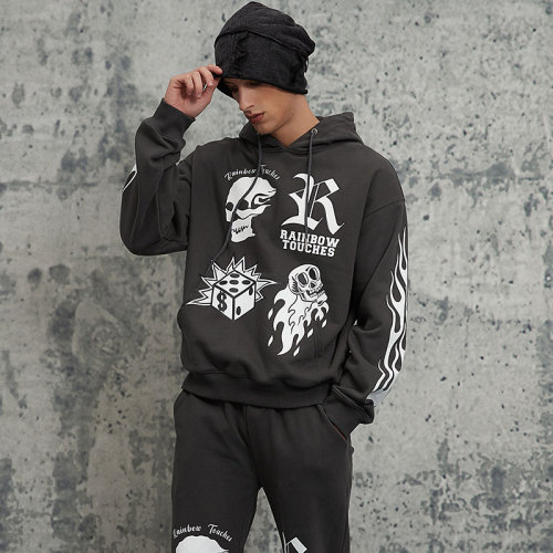 Custom Oversized Fit Punk Style Hoodie | Skeleton & Letter & Flame Pattern | Fleece Blend Fabric