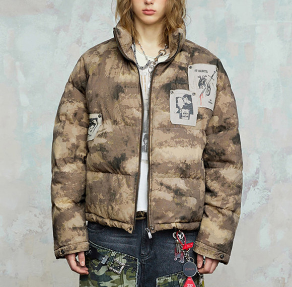 Custom Vintage Cropped Puffer Jacket | Portrait Print | Camouflage Woven Fabric | OEM/ODM