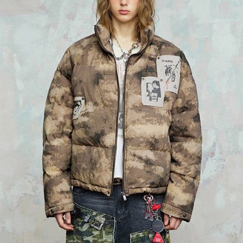 Custom Vintage Cropped Puffer Jacket | Portrait Print | Camouflage Woven Fabric | OEM/ODM