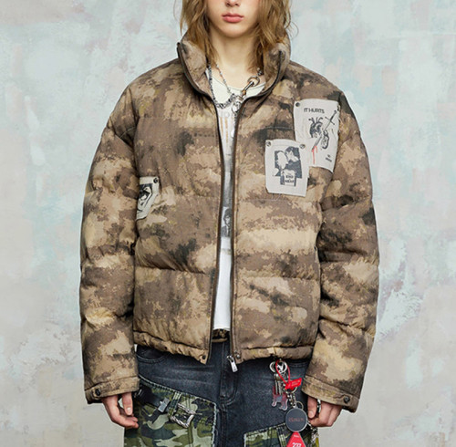 Custom Vintage Cropped Puffer Jacket | Portrait Print | Camouflage Woven Fabric | OEM/ODM