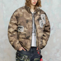 Custom Vintage Cropped Puffer Jacket | Portrait Print | Camouflage Woven Fabric | OEM/ODM