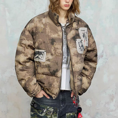 Custom Vintage Cropped Puffer Jacket | Portrait Print | Camouflage Woven Fabric | OEM/ODM
