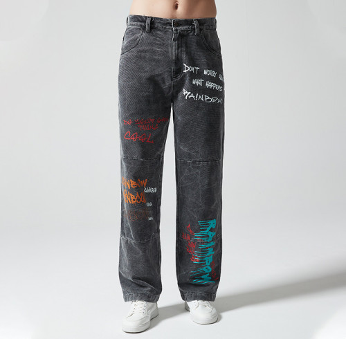 Custom Vintage Washed Jeans | Letter Printed | 100% Cotton Denim Fabric | OEM/ODM