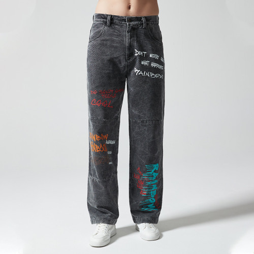 Custom Vintage Washed Jeans | Letter Printed | 100% Cotton Denim Fabric | OEM/ODM
