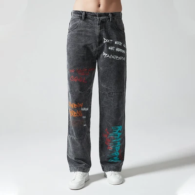 Custom Vintage Washed Jeans | Letter Printed | 100% Cotton Denim Fabric | OEM/ODM