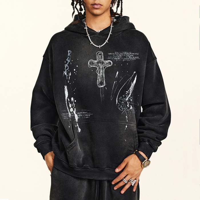 Custom Vintage Oversized Fleece Hoodie | Washed & DTG & Freehand Graffiti | 332G Fleece Fabric | OEM/ODM