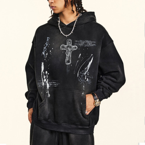 Custom Vintage Oversized Fleece Hoodie | Washed & DTG & Freehand Graffiti | 332G Fleece Fabric | OEM/ODM