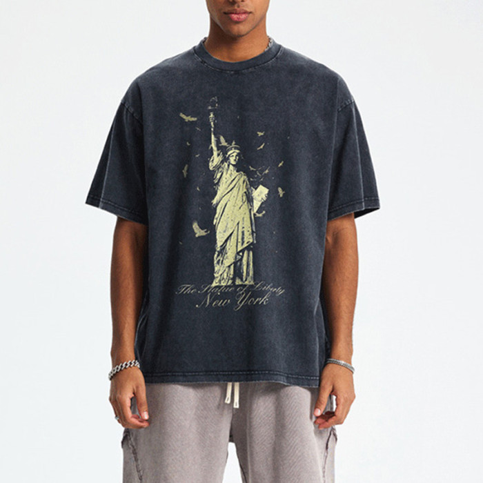 Custom Vintage Oversized Graphic T-shirts | Statue of Liberty Print | 250G 100% Cotton Fabric | OEM/DOM
