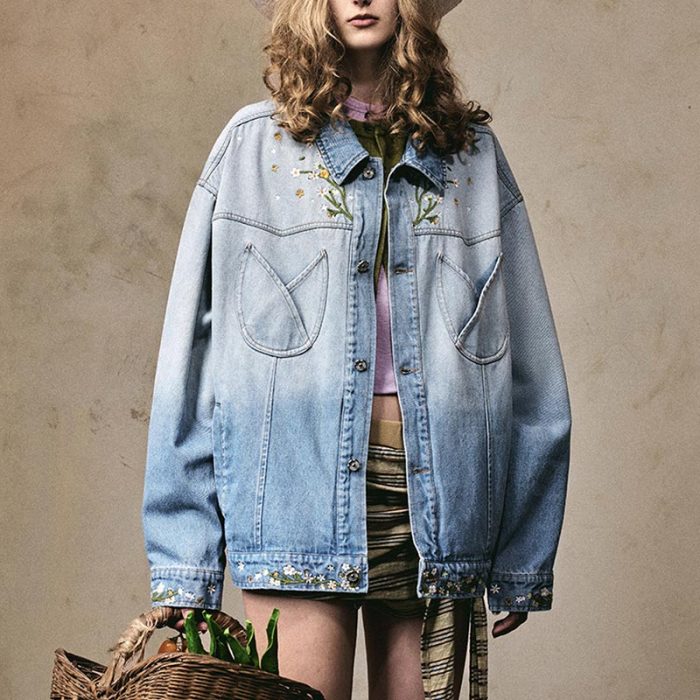 Custom Vintage Washed Denim Jacket | Floral Embroidery Print | Washed Denim Fabric | Support OEM/ODM