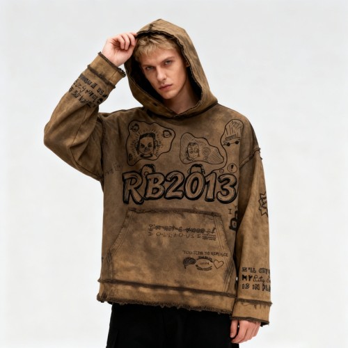 Original Design Brown Water Washed Vintage Hoodies | Direct Spray Print | Frayed Edge | Support OEM
