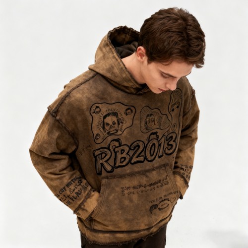 Original Design Brown Water Washed Vintage Hoodies | Direct Spray Print | Frayed Edge | Support OEM